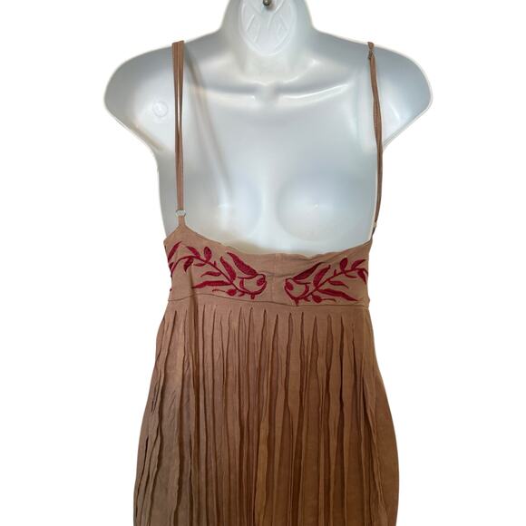 POL Beige Fringe Suede Boho Adj Straps Red Embroidery Bodice Dress L - Picture 9 of 11